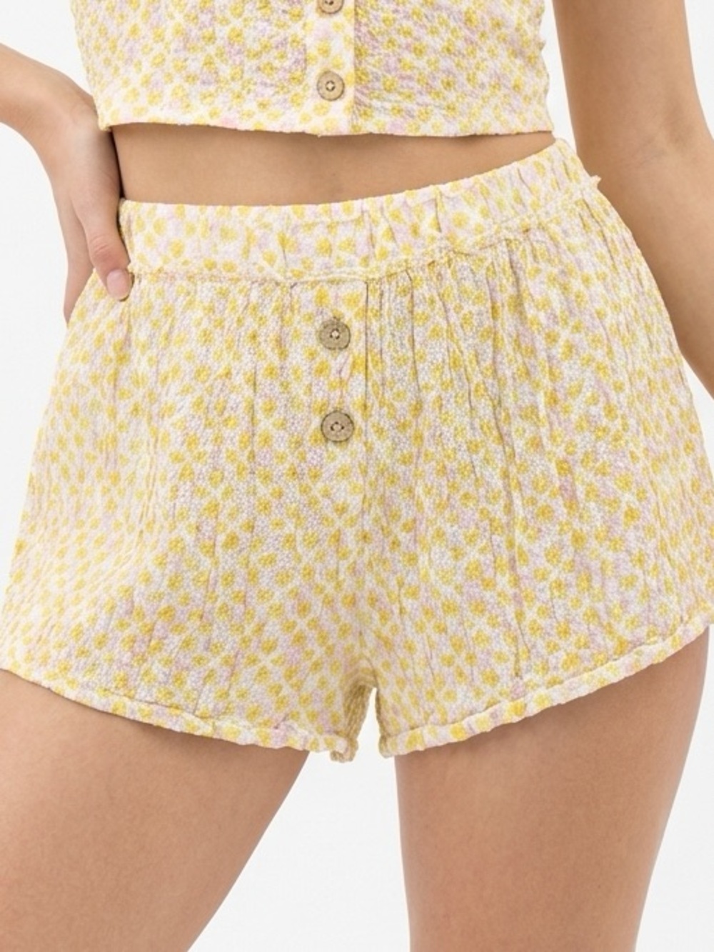 FREE PEOPLE | INTIMATELY Yellow Floral Button-Front Pajama Shorts Women’s Size L